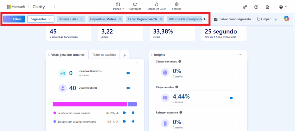 filtros de segmentação de usuários do Clarity